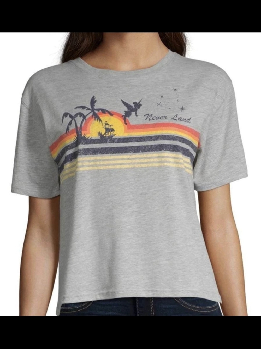 New Never Land Tinker Bell Silhouette Graphic Tee Heather Gray Retro Sunset NWT